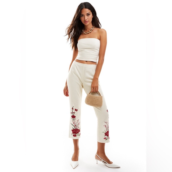 Vintage Silk Pants Floral Embroidered Capri Trousers Ivory Pink Red Rose Flowers - Picture 1 of 17